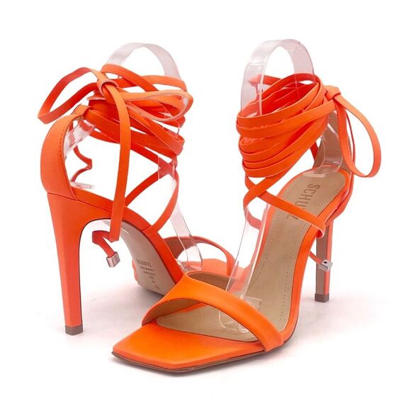 NEW Schutz Bryce Leather Stiletto Sandals Neon Orange Lace-Up Sandals Size 7 - Picture 9 of 16